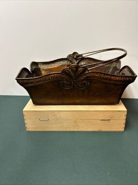 Metal Decorative Holder Bin Copper Bronze Tones Rectangle With Handle 13x9x5